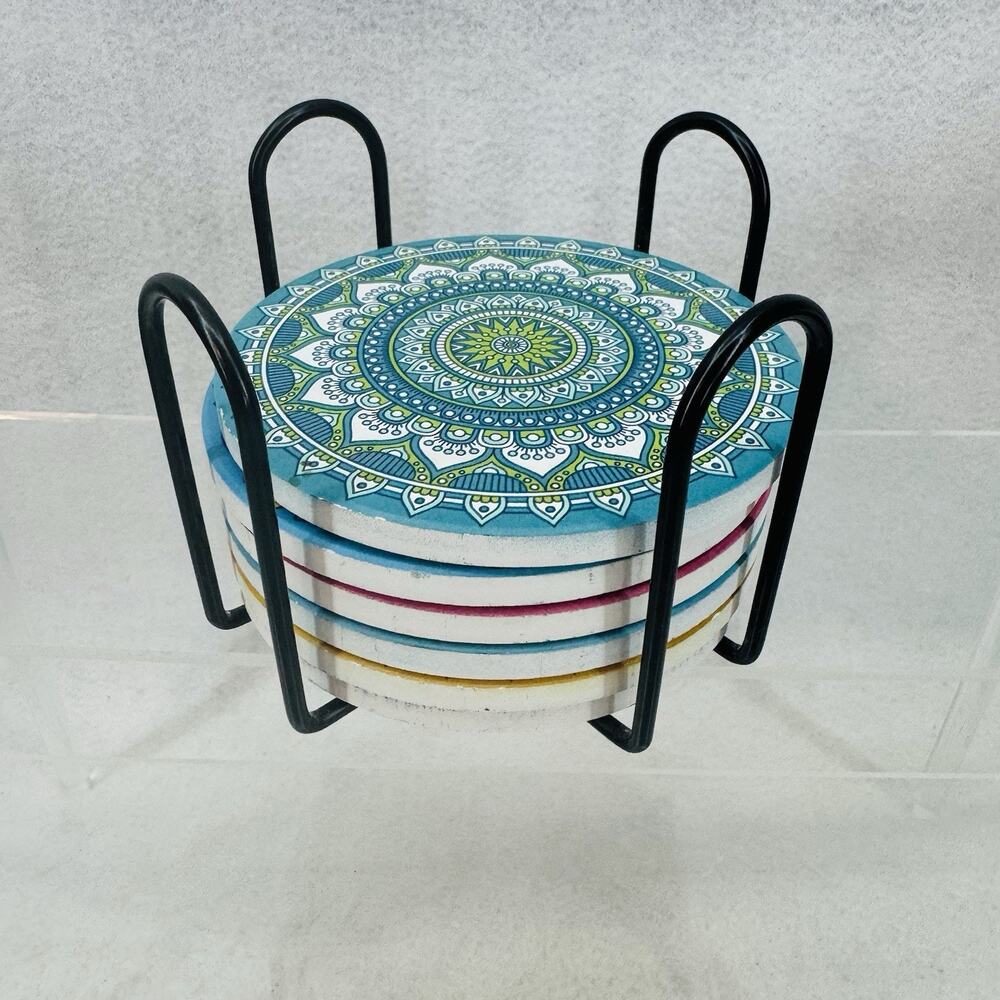 Mandala Drink Coasters with Holder 6 Set Ceramic Boho Coaster Drinks Absorbent